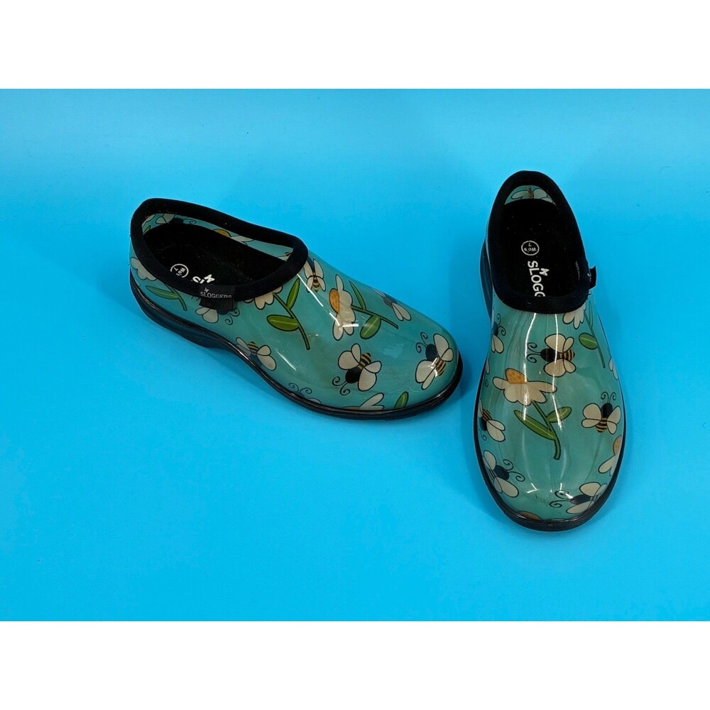 Sloggers Womens 7 Bee Blue Floral Garden Rain Shoes Waterproof Clogs 5120